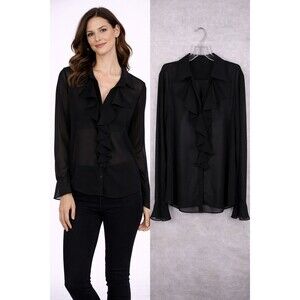 Chaps Sheer Blouse Top Size 12 Black Ruffle Front Cuffs